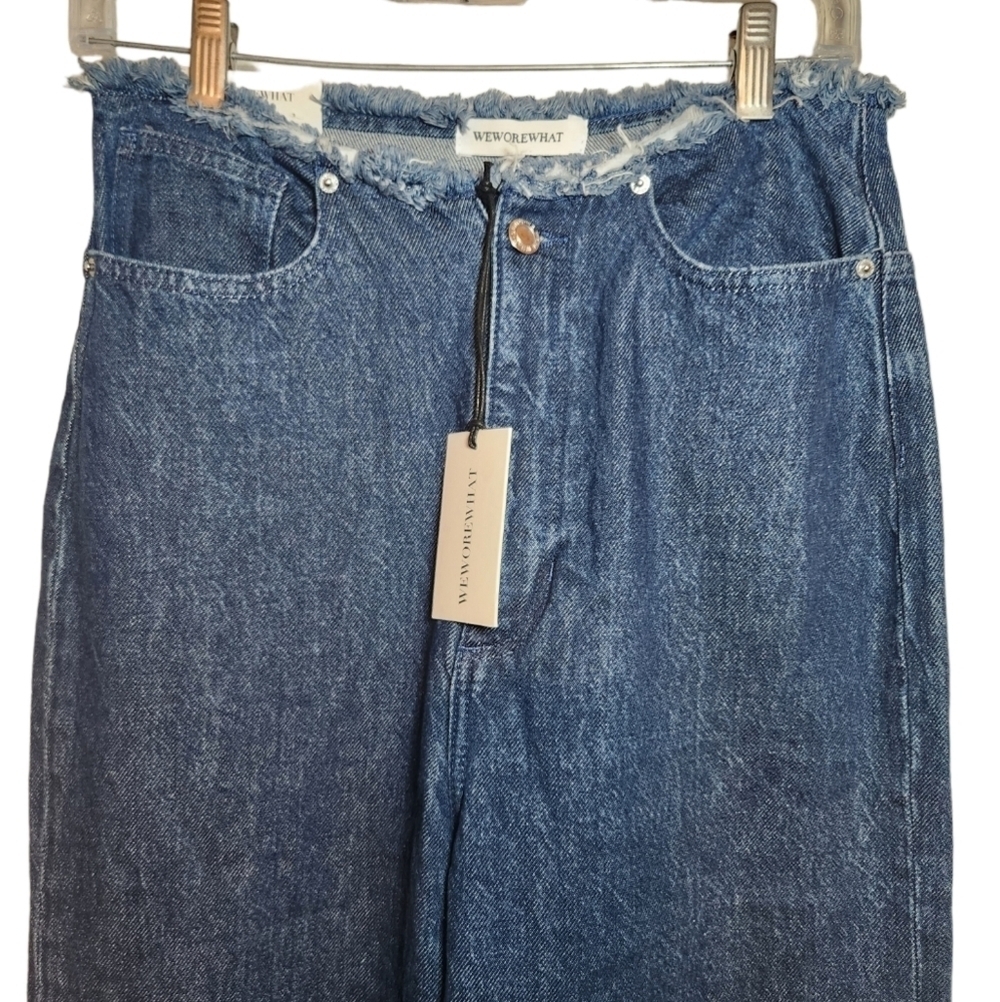 WeWoreWhat Indigo Denim True Blue Frayed Straight Wide Leg Raw Hem Jeans Size 27 - Picture 6 of 9